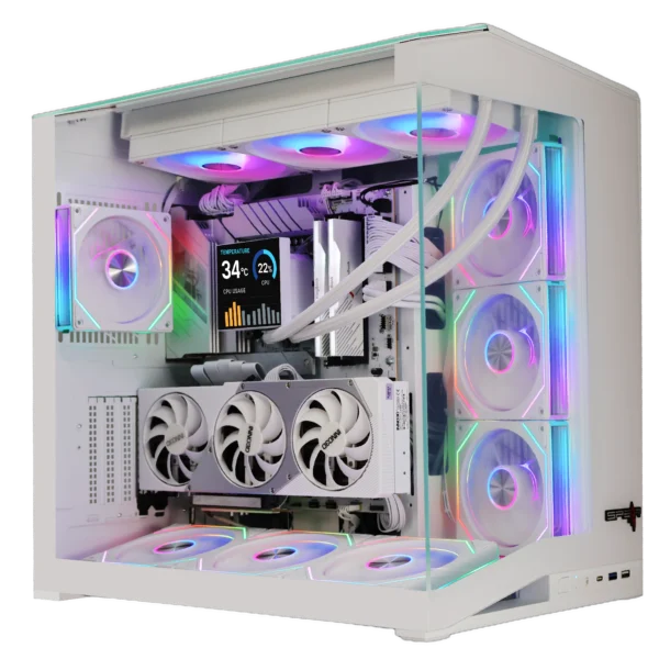 Spear Gaming PC – Intel Ultra 7 265KF, RTX 5070 Ti White, 16GB DDR5, 1TB NVMe SSD, WiFi, Vertical GPU Mount, 360mm HYDROCORE X360 LCD Liquid Cooler, White Case with RGB Fans, Keyboard & Mouse SGPC168